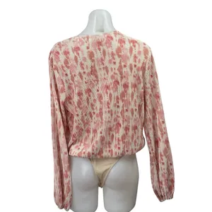 ASTR the Label Orange Plisse Pleated V-Neck Faux Wrap Long Sleeve Bodysuit Top M thumbnail 3