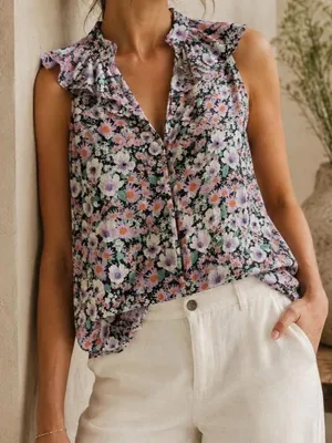 Anthropologie Black Multi Floral Ruffle-Sleeve Camisole Size M thumbnail 1