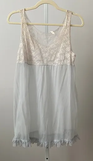 Vintage S Blue 60s Lace‎ Bodice Sheer Babydoll Nightgown Ruffle Hem Lingerie thumbnail 1