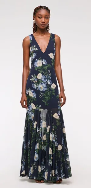 Abercrombie & Fitch Navy Plunge Godet Skirt Maxi Dress thumbnail 1