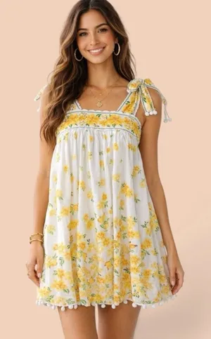 FARM Rio 100% Cotton Azaleia Yellow Floral Tie Straps Mini Dress Size Large thumbnail 1
