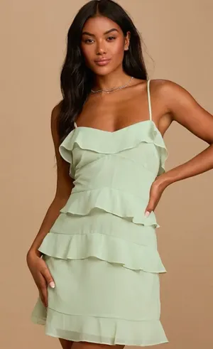 🌿✨ Lulu’s Sage Green Ruffle Tiered Chiffon Mini Dress Size‎ Small S ✨🌿 thumbnail 1