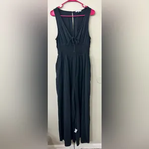 American Eagle Smocked V-Neck Jumpsuit Sz M Black Wide Leg Boho Jumpsuit thumbnail 3
