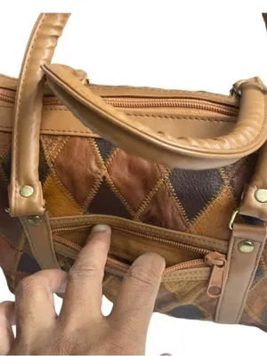 VTG Genuine Leather Patchwork Satchel Brown Multi-Tone Zip Top Western Purse thumbnail 6