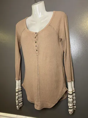 Free People Shirt Womens Small Beige Thermal Henley Crochet Cuff Tunic Top thumbnail 5