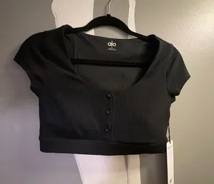 ALO Yoga Black Ribbed Scoop Neck Crop Top with Front Buttons thumbnail 1