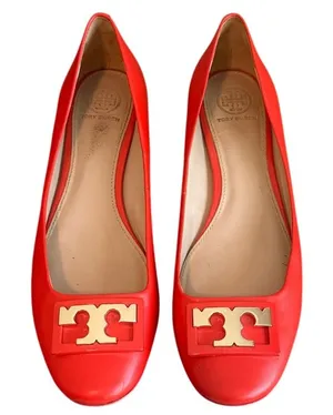 Tory Burch Gigi Pump Samba Red Leather Gold Logo Block Heel Size 8 Box thumbnail 1