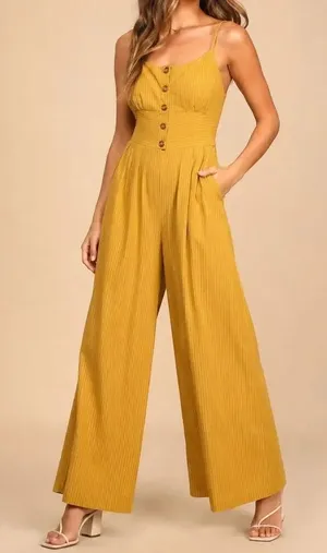 Lulus Mustard Stripe Wide Leg Jumpsuit XS Boho Button Front Romper thumbnail 1