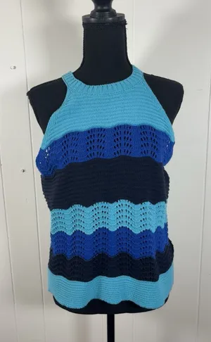 Anthropologie Jenette Blue‎ Crochet High Neck Halter Top Sweater Knit Tank Med thumbnail 1