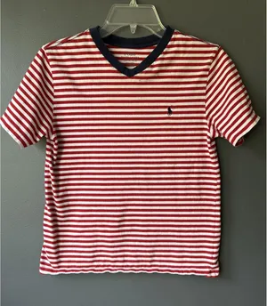 Polo Ralph Lauren Red & White Striped V-Neck T-Shirt, Navy Trim, Size M thumbnail 1