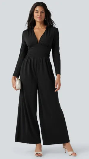 NWT Black V Neck Long Sleeve Ruched Jumpsuit with Pockets-Easy Peezy Edition M thumbnail 1