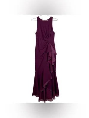 Adrianna Papell High Low Crepe Halter Gown Organza Draping In Cabernet Size‎ 4 thumbnail 6