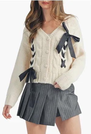 All In Favor Cable Knit Ribbon Cardigan Beige Black Lace Up XS LT21358-001 thumbnail 1