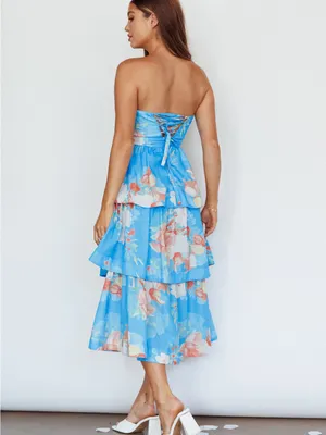 MIKA & GALA Outshine Strapless Tiered Midi Dress Floral Blue XL Midi EUC thumbnail 6