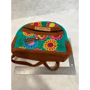 Cancun Mexico Floral Embroidered Mini Backpack Teal Brown Boho Artisan Bag‎ thumbnail 7