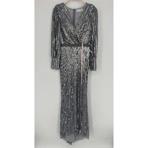 Mac Duggal Sequined Wrap Over Bishop Sleeve‎ Gown 4 Silver Formal Gala Wedding thumbnail 4