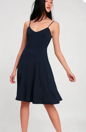 Lulus Twirl For You Navy Blue Midi Skater Dress V-neck Spaghetti Strap NWT thumbnail 1