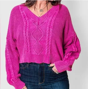 POL Medium Hot Pink Cable Knit V-Neck Sweater – Flamingo Vintage Washed Look thumbnail 1