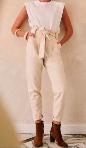 Sezane High Rise Paperbag Belted Tapered Straight Leg Jeans Cream 36 thumbnail 1
