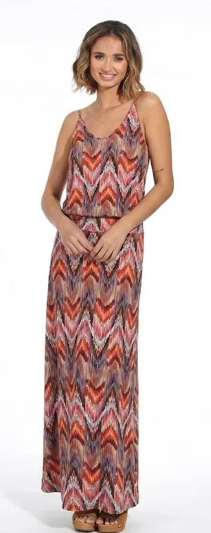 Veronica M Jene Stretch Drop Waist Maxi Dress Medium Boho Chevron Geometric thumbnail 1