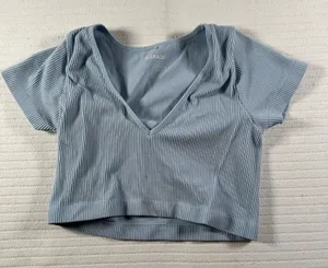 Garage Juniors Medium Blue Ribbed Crop Top V Neck Short Sleeve Stretch thumbnail 1