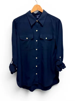 Tommy Hilfiger Women's Core Shirting Navy Button-Down Long Sleeve Blouse thumbnail 1
