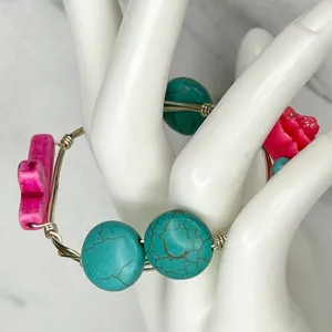 Silver Tone Faux Turquoise Beaded Pink Cross Small Wire Bangle Bracelet thumbnail 9