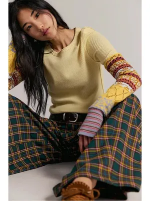 Free People All In Cuff Grunge 90s Thermal Sweater Crewneck Top Medium Yellow thumbnail 2