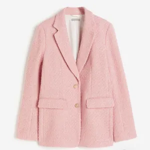 H&M Pink Textured Tweed Blazer Jacket Gold Buttons Oversized Women Medium thumbnail 1