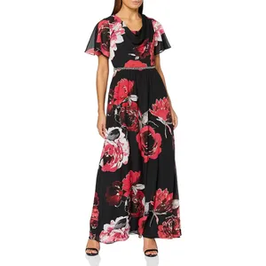 NWT SLNY Cowl Neck Floral Maxi Dress Black Red Floral Flutter Sleeve Size 6 thumbnail 4