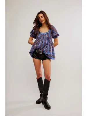 Free People Retro 70s Bohemian Vintage Lover Blouse Dutch Blue Combo Medium thumbnail 7