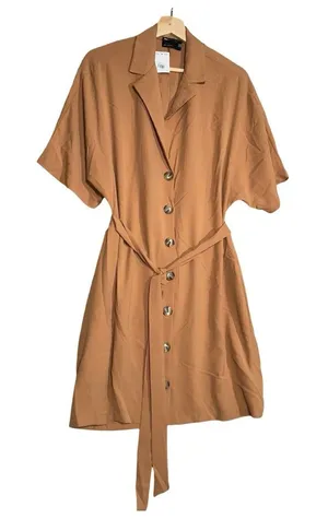 Asos Design Mini Shirt Dress Womens Sz 10 Brown Tie Front Button Open Back Peach thumbnail 1