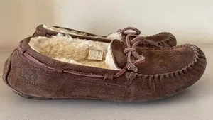 UGG Suede Shearling Moccasin Slippers Dark Brown size 8 thumbnail 1