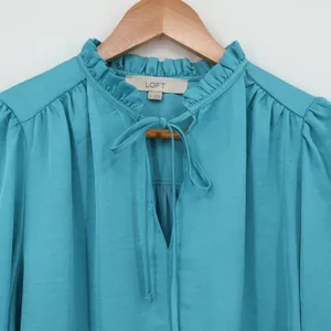 LOFT Ruffle Neck Tie Front Blouse Top Womens Size S Blue Teal Ruffle Renaissance thumbnail 2