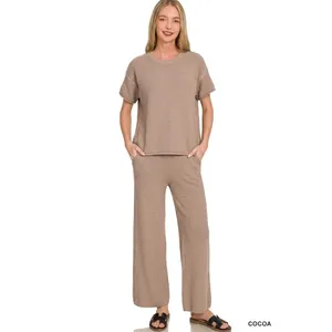 Zenana Viscose Round‎ Neck Top & Pants Set - Small thumbnail 2