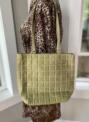 Bath & Body Work Sage Green Quilted Faux Suede Tote Bag Purse thumbnail 4