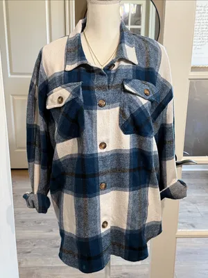SHEIN Blue & Cream Plaid Flannel Oversized Shacket Jacket S Cottagecore Casual thumbnail 1
