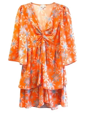 Pink Lily Morning Mimosas Mini Dress Orange‎ Floral Tiered Boho Women Medium thumbnail 1