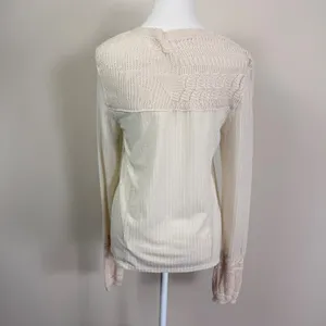 Free People Colette Cream Ribbed Knit Top Crochet Lace Yoke and Cuffs Size Lrg. thumbnail 5