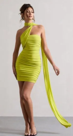 Lime Green Club L London Ruched Asymmetric Mini Dress with Attached Scarf thumbnail 1