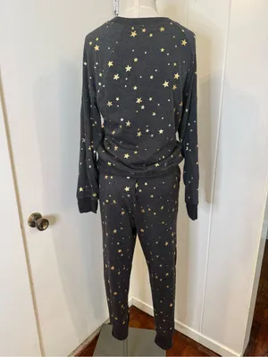 aerie Wonen’s Black Pajama Set with Gold Star Print Sz S thumbnail 6