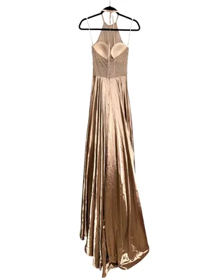 Sherri Hill 52570 Beaded Rhinestone Satin Layered Halter Gown 0 in Mocha thumbnail 5