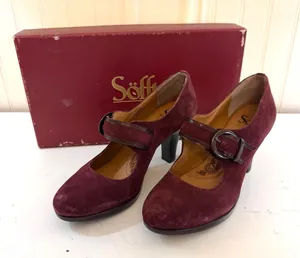 Sofft Retro 50s 60s Mod Twee Academia Suede Leather Mary Jane Heels Burgundy 7 thumbnail 1