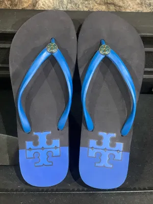Tory Burch Stacked 'T' Flip Flops Surf Blue 4 Women's Size 5M L11 thumbnail 1