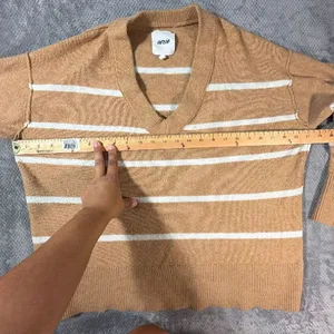 Aerie unREAL V-Neck Sweater Women S Beach Dune Cream Stripe Oversized Pullover thumbnail 5