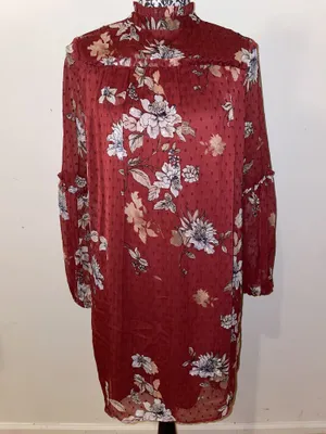 Japna Red Floral Boho Semi Sheer Ruffle Neck Long Sleeve Shift Dress Size Small thumbnail 2
