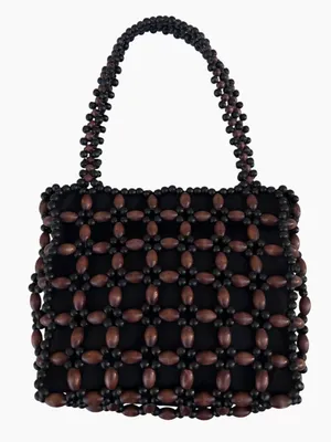 Wooden Black Brown Beaded Double Strap Snap Shoulder Bag thumbnail 2