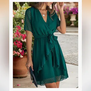 Boutique Brand Faux Wraps Neck Ruffle Swing Dress in Dark Green Size Medium thumbnail 5