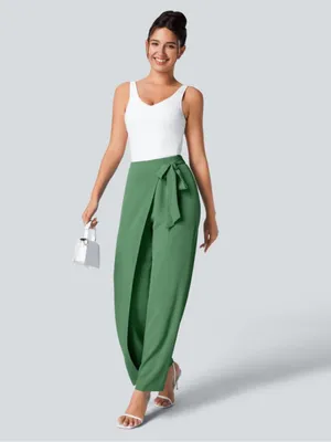 Halara High Waist Tie Side Wide Leg Work Pants Wrap-Front Pants Olive Green Sz M thumbnail 2