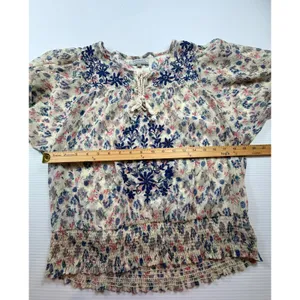 World Market Floral Embroidered Peasant Blouse Cream Blue‎ Pink S/M Smocked Top thumbnail 4